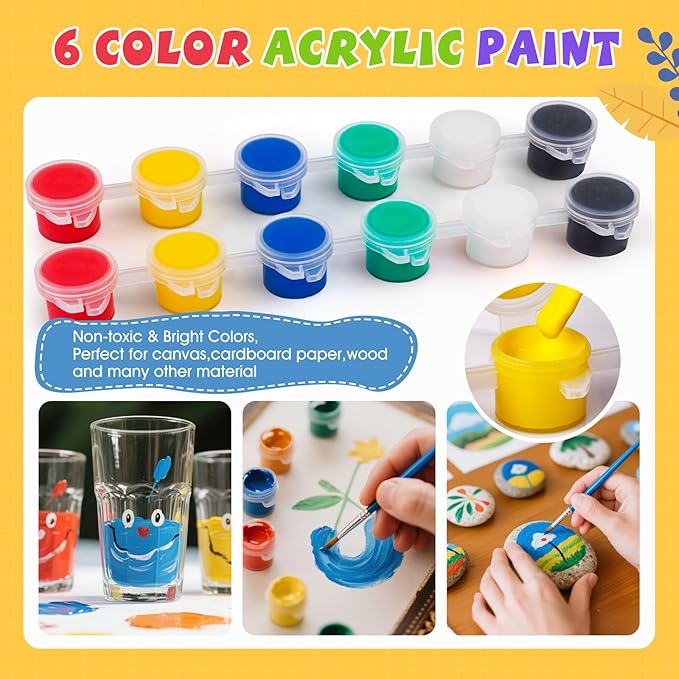 ESRICH 16 Set Mini Acrylic Paint Kit,5in Mini Stretched Canvas with 7.5in Easel,Acrylic Paint Strips,Paint Palettes,Painting Brushes, Small Canvas and Easel Set for Kids Artists Beginner,Gift