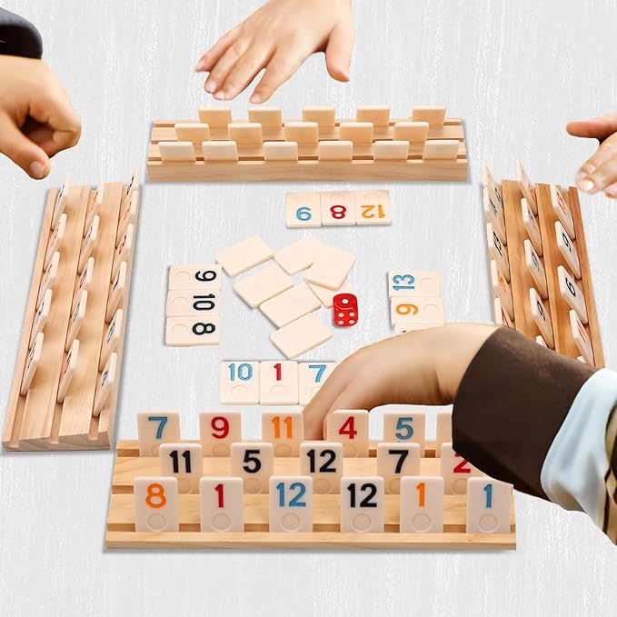 Upgraded Rummy Cube Game Set 6 Plays with 6 Wooden Holders and 162 Rummy Tiles, Travel and Family Board Game for Adults and Kids