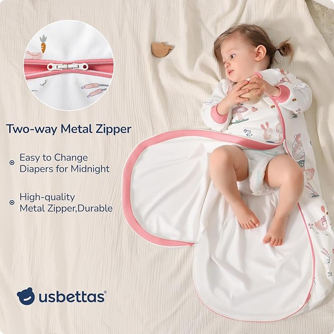 Baby Sleep Sack 3-6 Months, Cotton Detachable Long Sleeve Sleep Sack, 1.0 Tog Toddler Sleeping Sack with Temperature Strips, 2-Way Zipper Wearable Blankets for Newborns, Bunny