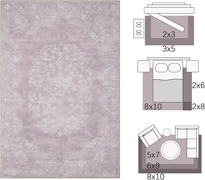 jinchan Vintage Floral 4x6 Area Rugs - Machine Washable Distressed Design Soft Ultra-Thin Low-Pile Non-Slip Carpet for Entryway Kitchen Bedroom Nursery Living Room Dining Room (4x6ft,Orchid)