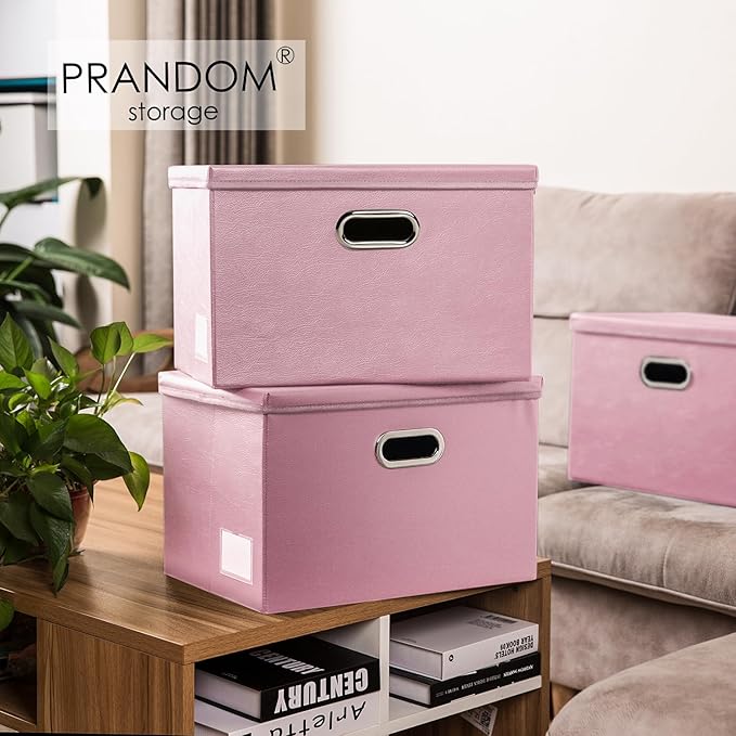 PRANDOM Large Collapsible Storage Box with Lid [1-Pack] Leather Fabric Foldable Storage Bin Organizer Container Basket Cube with Cover for Home Bedroom Closet Office Nursery Pink (17.7x11.8x11.8)