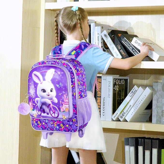 Rolling Backpack for Girls, Cute Rabbit Roller Wheels Kids Bookbag - Wheeled Elementary School Bag - 3PCS Rabbit