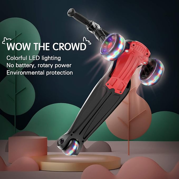 LOL-FUN Toddler Scooter for Kids Ages 3-12 Years Old Boy Girl with 3 Wheel LED Lights, Extra-Wide Childrens Foldable Kick Scooter Kids Ages 3-5 with 4 Adjustable Height and Lean-to-Steer