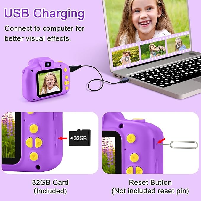 GKTZ Toys for Girls Age 3-8, Kids Camera Digital Video Toddler Camera Children Camcorder Birthday Gifts for 3 4 5 6 7 8 Year Old Girls with 32GB SD Card