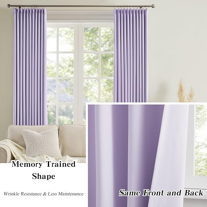 KEQIAOSUOCAI Pinch Pleats Lilac Curtains 92 Inches Long,Home Fashion Microfiber Thermal Insulated Solid Pleated Room Darkening Curtain for Bedroom (Lavender, 2 Panels, 40 Width by 92 Length)