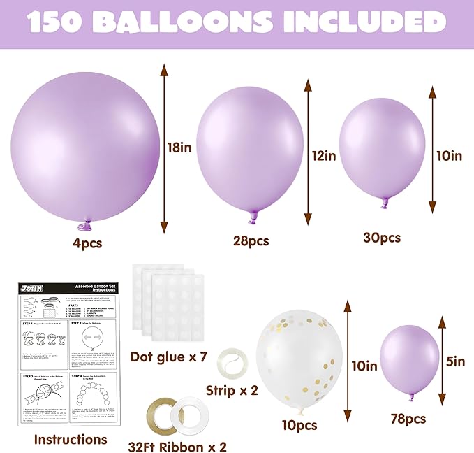 JOYIN 150 Pcs Pastel Purple Balloons, Different Sizes 18 12 10 5 Inch Pastel Purple Latex Balloon Arch Kit with Instruction for Birthday Party Graduation Wedding Holiday Decoration