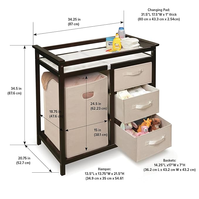Badger Basket Modern Baby Changing Table with Laundry Hamper, 3 Storage Drawers and Pad, Diaper Change Station - Espresso/Ecru