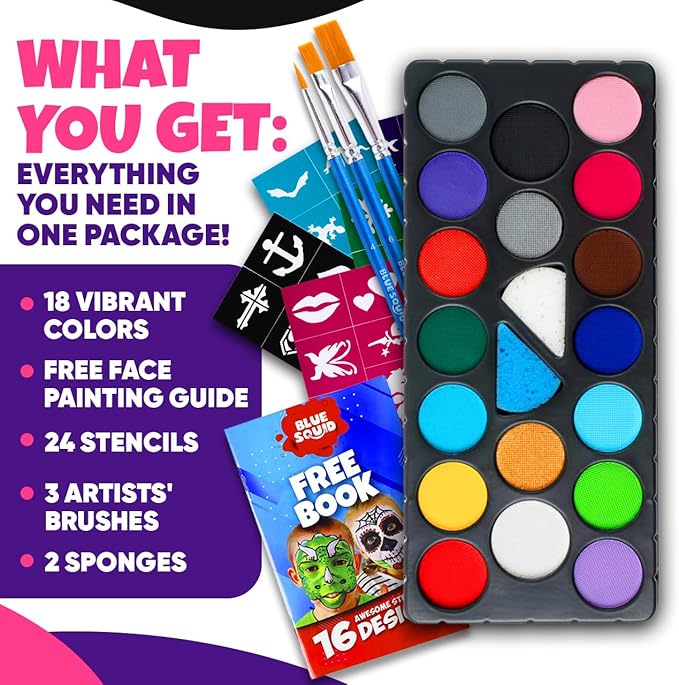 Blue Squid Body Crayon Sticks & Face Paint Kit Bundle - 18 XL Crayons & Markers for Skin & 18-color Face Painting Kit for Kids with 24x Stencils, Brushes, and Design Book, Ideal for Toddlers & Parties