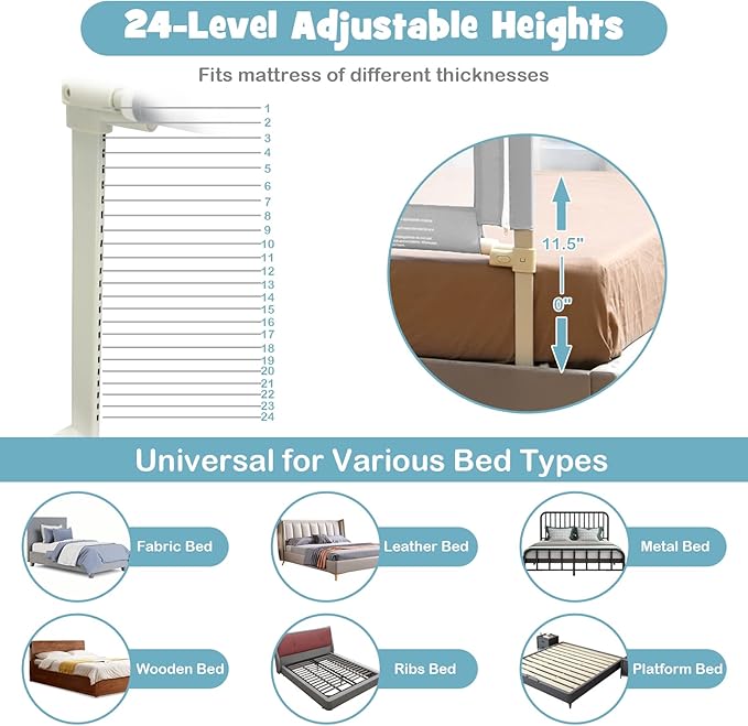 BABY JOY Bed Rail for Toddlers, 77'' Extra Long, Height Adjustable & Foldable Baby Bed Rail Guard w/Storage Pocket & Double Safety Child Lock for Kids Twin Double Full Size Queen King Mattress (Gray)