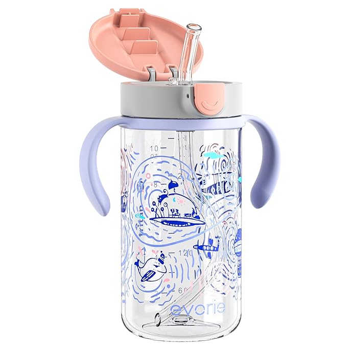 Evorie Tritan Spill Proof Toddler Straw Sippy Cup, 10 oz for Baby and Toddlers 1-3 Years Old, No Spill Straw Water Bottle with Removable Handles, Ideal for School, BPA-Free, Travel in Space