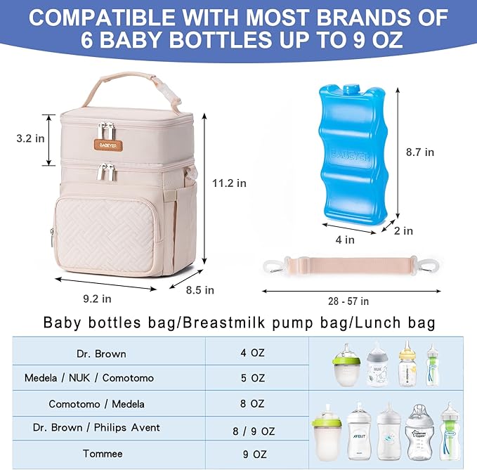 Insulated Breastmilk Cooler Bag with Ice Pack - Holds 6x9oz Bottles, Leakproof Double Layer, Adjustable Strap for Nursing Moms, Daycare & Travel,Pearl White