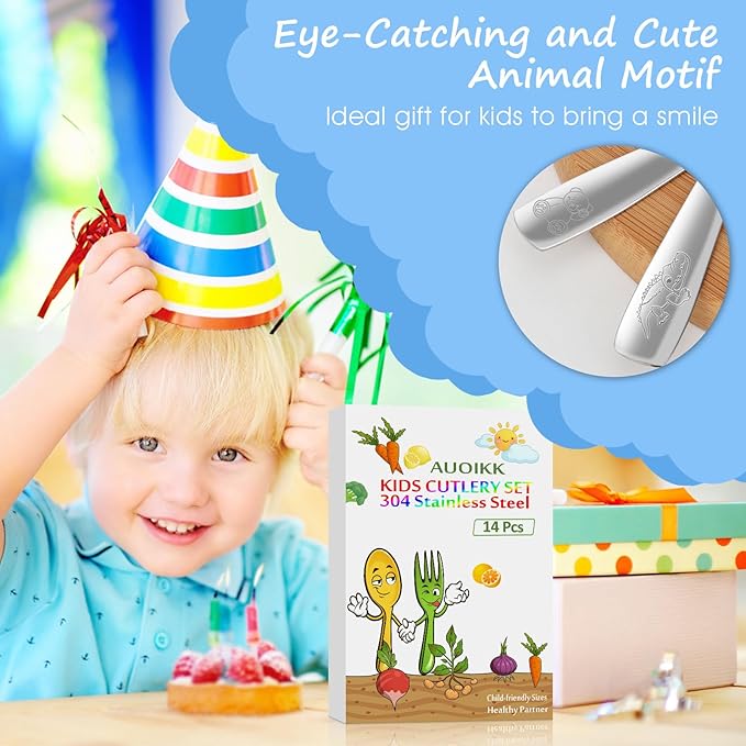 14-Piece Toddler Flatware, Kids Utensils Stainless Steel Cutlery Set, Children Safe Spoons and Forks with Ergonomic Handle, Easy to use and Dishwasher Safe (Crocodile and Bear)