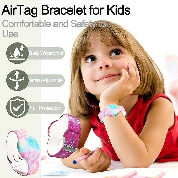 Waterproof AirTag Bracelet for Kids, Hidden Printed Wristband for Apple Air Tag, Silicone AirTag Holder GPS Tracker Case for Band for Child Toddler, Secure Anti-Lost Protection(Starry Sky Pink)