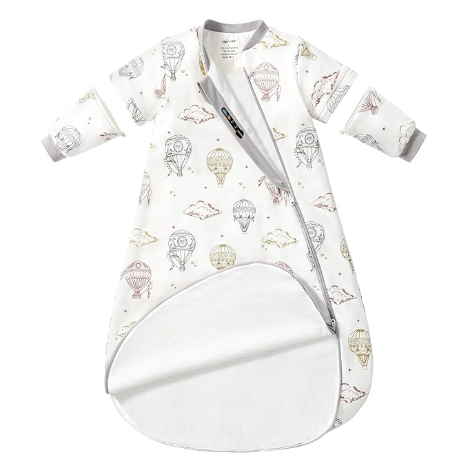 Baby Sleep Sack 3-6 Months, Cotton Detachable Long Sleeve Sleep Sack, 2.5 Tog Toddler Sleeping Sack with Temperature Strips, 2-Way Zipper Wearable Blankets for Newborns, Hot Air Balloon