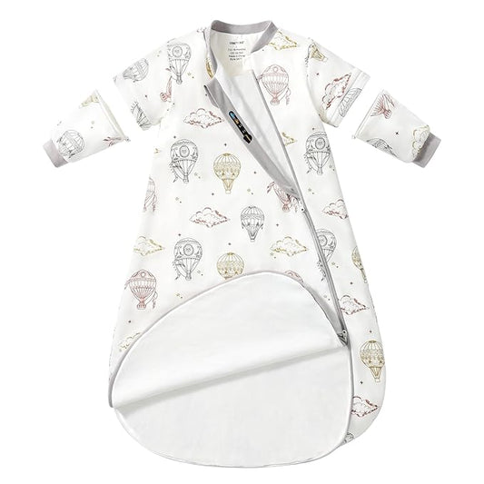 Baby Sleep Sack 12-18 Months, Cotton Detachable Long Sleeve Sleep Sack, 1.0 Tog Toddler Sleeping Sack with Temperature Strips, 2-Way Zipper Wearable Blankets for Newborns, Hot Air Balloon