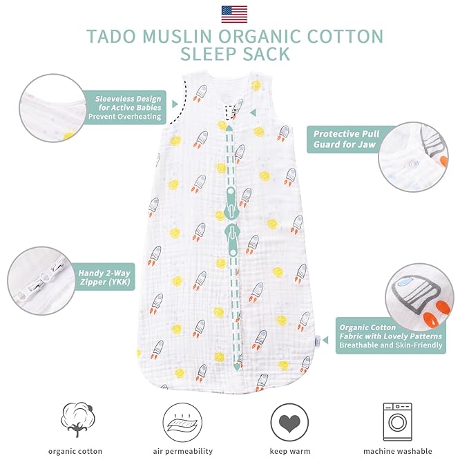 Toddler Sleep Sack for 2-4T Baby, Organic Cotton Wearable Blanket for Boys and Girls 0.5 TOG 2-Way Zipper Sleeping Sacks Soft 4 Layers X-Large Rocket