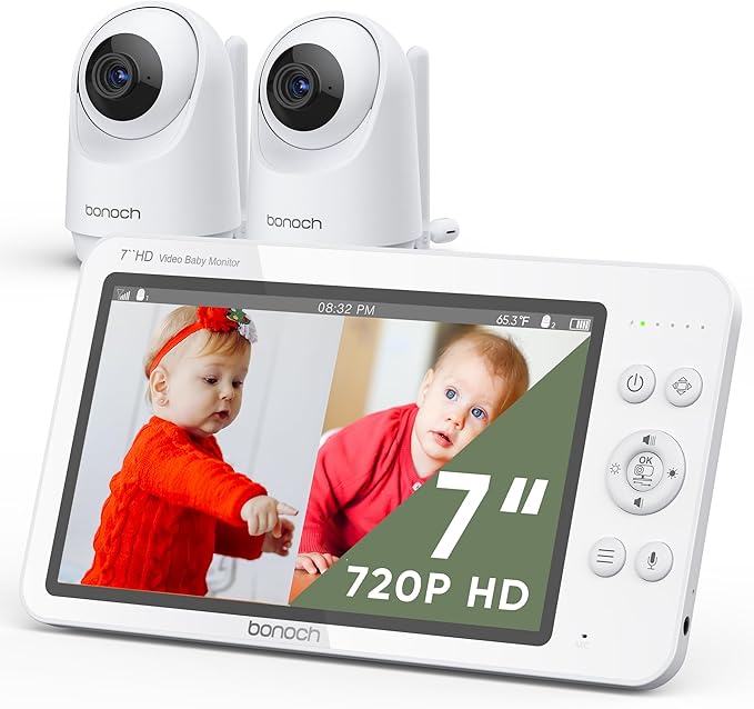 bonoch MegaView Baby Monitor with 2 Cameras, 7" 720P HD Split Screen Baby Monitor No WiFi, Video Monitor with Camera and Audio, 6000mAh, VOX Mode, 2 Way Audio, Remote PTZ, Night Vision