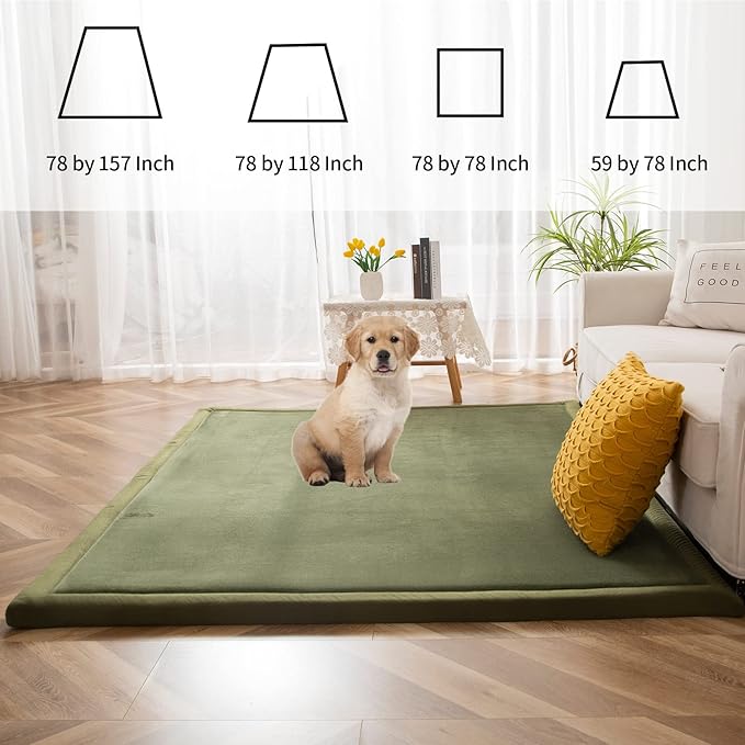MAXYOYO Coral Velvet Area Rug, Thick Japanese Tatami Mat Living Room Carpet with Non-Slip Backing, Large Solid Color Mat for Bedroom Dormitory Yoga, Olive Green, 78 by 78 inch