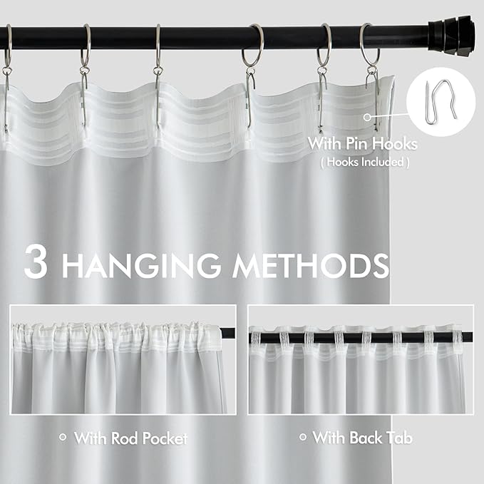 MIULEE Back Tab Light Blocking Curtains 120 Inch Long 2 Panels Set for Living Room Bedroom, Greyish White Rod Pocket/Pinch Pleated Extra Long Thermal Insulated Room Darkening Blackout Curtains/Drapes