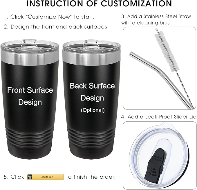 Personalized Tumblers Custom Travel Coffee Mug, Insulated Stainless Steel Cup with Spill-Resistant Lid, Optional Spill-Proof Lid and Stainless Steel Straw! Engraved in USA by iProductsUS (Black, 20oz)