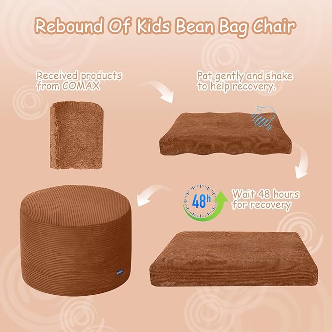 COMAX Kids Bean Bag Chair Turn into Beanbag Bed, Toddler Bean Chair Corduroy for Girl Boy Sleeping, Lazy Children Bean Bags with Filler, Convertible Child Floor Mattress, Orange