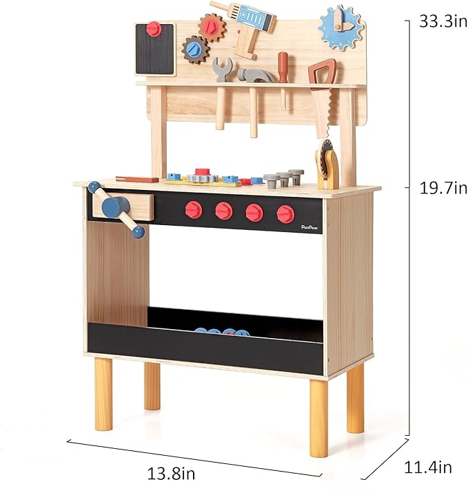 PairPear Wooden Kids Tool Bench & Carry Toolbox – 71 Pcs Pretend Play Tool Workbench with Drills, Kids Construction Toy Workbench Workshop for Boys Girls Age 3+