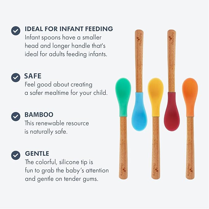 Avanchy Bamboo & Silicone Infant Training Spoons, BPA Free - Soft Tip, Easy on Gums, First Stage Feeding Utensils for Baby-Led Weaning, Self-Feeding, Yellow