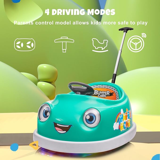 12V Dual Battery Electric Ride on Kids Bumper Car w/Remote Control,360 Degree Spin,Push Rod Rocker Horse Function,3-Speeds Babies & Toddlers Bumping Car Ride on Toy Gift for 1-4 Years Children（Green）