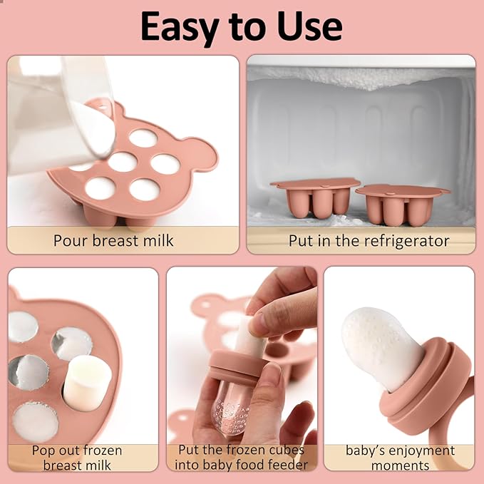 JEXFUN Baby Breastmilk Popsicle Molds & Baby Fruit Food Feeder Pacifier Combo, BPA Free Silicone Nibble Freezer Tray Storage Containers Teething Toys for Safe Infant Self Feeding, 4 Month+(Orange)