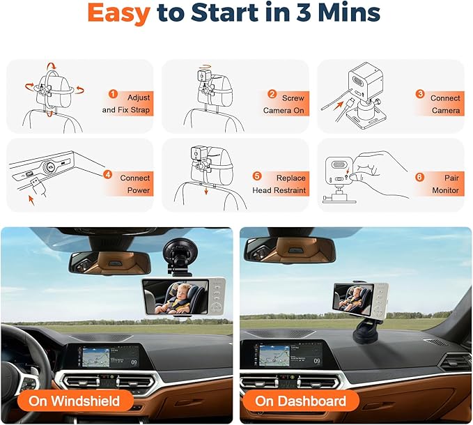 Wireless Baby Car Camera Monitor 5" HD 1080P IPS, 360° Rotating Camera with Auto/Manual Night Vision, 1000ft Range, Anti-Glare Display & USB Charging for Backseat, Home, Travel，Camping