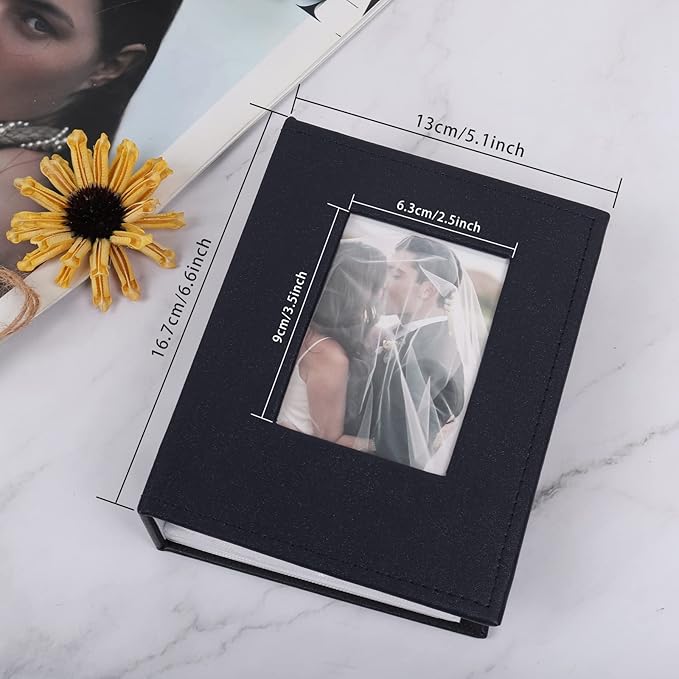 RECUTMS Photo Album 4x6 100 Pages Photos Leather Cover Picture Book with Personalized Front Window for Wedding Family Children Graduation Anniversary Vacation (Black blue)