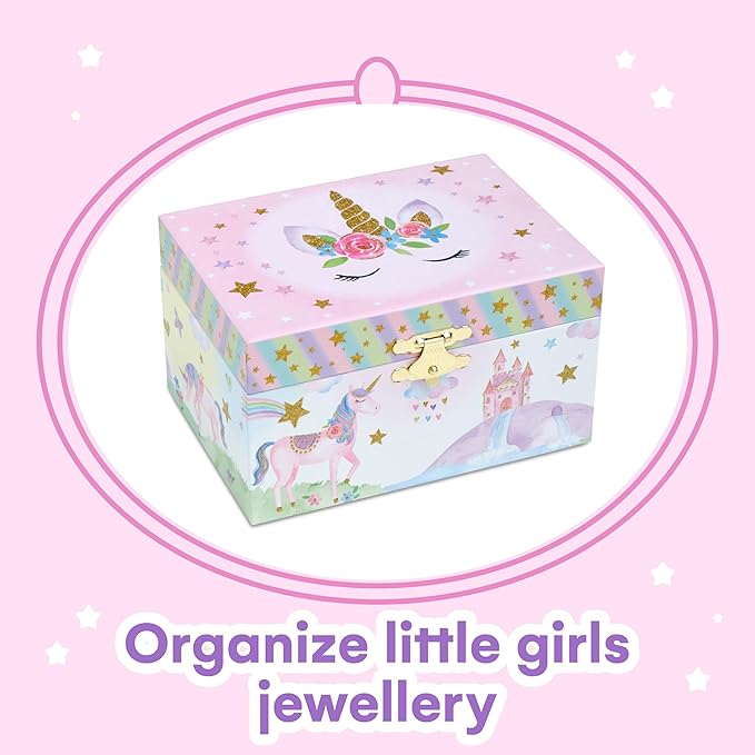 Jewelkeeper Musical Jewelry Box for Girls with Spinning Unicorn, Glitter Rainbow and Stars Design Music Box for Necklace, Earrings, and Accessories, Plays The Beautiful Dreamer Tune