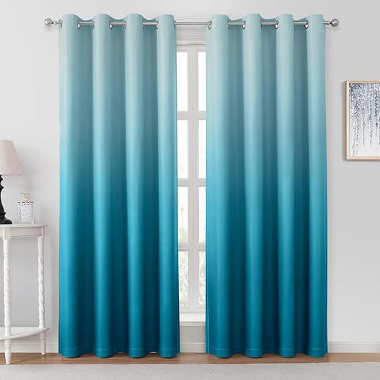 HOMEIDEAS Turquoise Ombre Blackout Curtains 52 X 96 Inch Length Gradient Room Darkening Thermal Insulated Energy Saving Grommet 2 Panels Window Drapes for Living Room, Bedroom