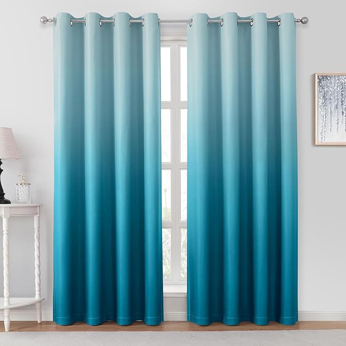 HOMEIDEAS Turquoise Ombre Blackout Curtains 52 X 84 Inch Length Gradient Room Darkening Thermal Insulated Energy Saving Grommet 2 Panels Window Drapes for Living Room, Bedroom