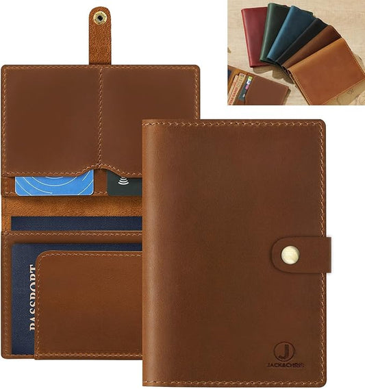 Jack&Chris Genuine Leather Passport Holder For Travel, RFID Blocking Handmade Passport Holder with Card Case Organized & Safe, Quality Travel Essentials for Women and Men for Gifting, Brown