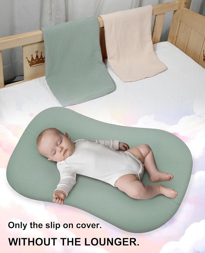 Muslin Baby Lounger Cover for Snuggle Me Organic Lounger/Baby Lounger/Organic Cotton Handmade Cover for Infant/Toddler Lounger/Nursing Pillow(Green, Wheat)