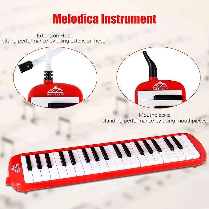 EastRock 37 Key Melodica Instrument Air Piano Keyboard Soprano style Pianica with Mouthpiece Tube Sets and Carrying Bag Black