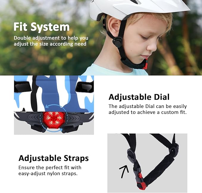 Kids Bike Helmet, Youth Toddler Boys Girls Helmets, 2 Size Adjustable for Ages 2-3-5-8-14 Years, Child Helmet with Visor and LED Light, Lightweight Multi-Sport Bicycle Scooter Cycling Helmets
