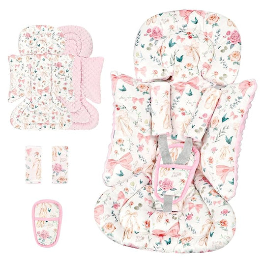 3-in-1 Infant Car Seat Insert, Soft Head and Body Support,Ultra & Strap Covers Set, Reversible Newborn Car Seat Cushion Pad for Baby Boy & Girl fits Stroller, Swing, Bouncer (Pink Bow)