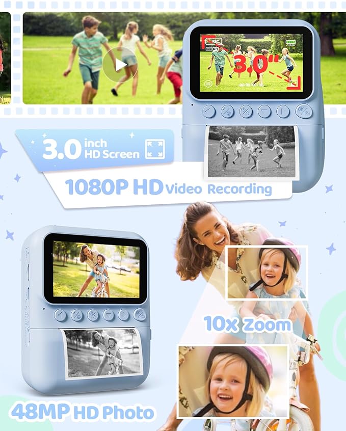 Kids Camera Instant Print for Girls Ages 3-14, 3-inch HD Screen Camera for Kids with Printing Paper, 1080P Digital Toddler Toys for 4 5 6 7 8 9 10 11 12 Years Old (Blue)