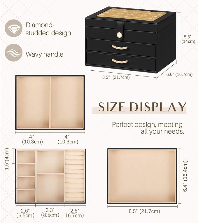 Black Jewelry Box Organizer: Home Decor for Women - 2-Drawer Holder for Valentine’s Day Birthday Christmas Black Gold