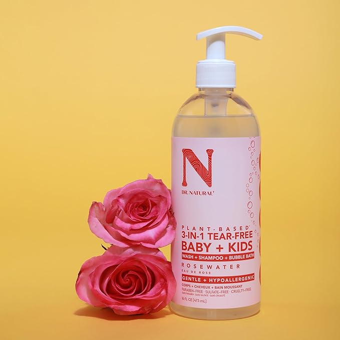 Dr. Natural 3-in-1 Tear-Free Baby Plus Kids Soap - Head-to-Toe Soap and Shampoo - Sensitive Skin Moisturizing Body Wash - Rosewater - 16 oz