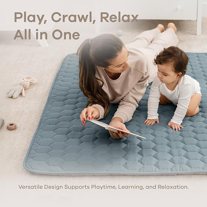 Comfy Cubs Square Kids Play Mat - 56 x 56 inches Soft Quilted Baby Floor Mat with Non-Slip Bottom - Plush Design for Toddlers' Playtime and Relaxation - Comfortable and Durable - Pacific Blue