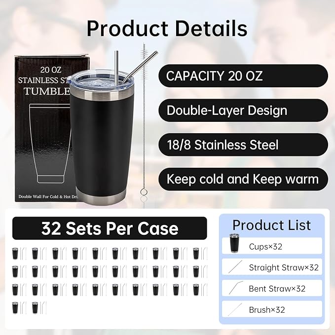 IEOVIEE 32 Pack 20oz Stainless Steel Bulk Tumblers with Lids and Straws Double Wall Insulated Travel Mug Durable Powder Coated Tumbler Bulk Cup for Cold and Hot Drinks(Black)