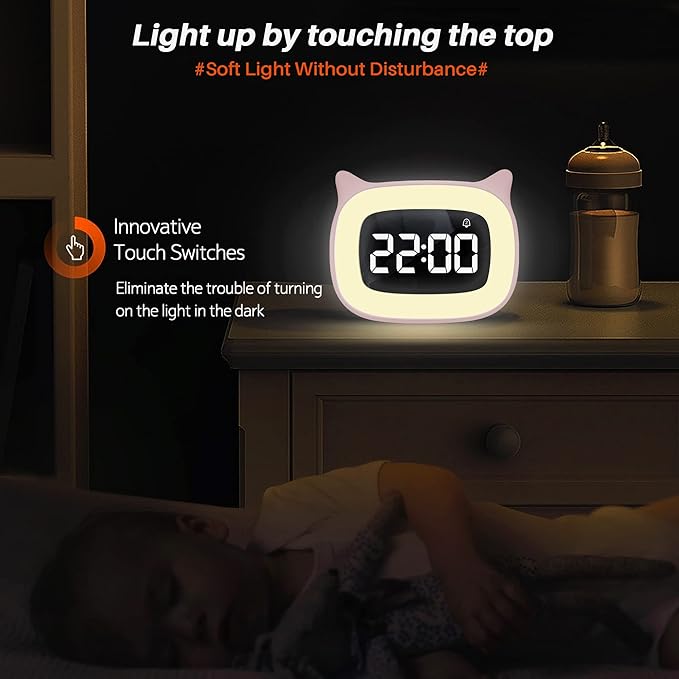 Kids Alarm Clock with Night Light & 18 Ringtones,Rechargeable,Cute Cat Ear Clock for Boys Girls Birthday Presents,Digital Clock for Children's Bedroom(Pink)