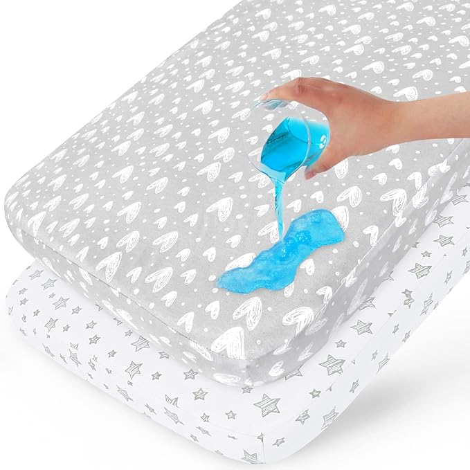 Waterproof Crib Mattress Protector 2 Pack, 100% Organic Cotton Crib Mattress Sheet, Fitted Crib Sheet, Ultra Soft & Breathable Toddler Bed Sheets for Boys and Girls, White & Grey Star Print