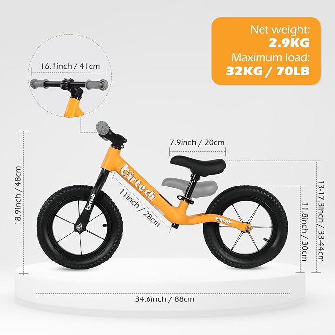 12" Balance Bike for 2, 3, 4, 5 Year Old Boys and Girls, Lightweight Nylon Frame Toddler Training Bike No Pedal Bikes for Kids with Adjustable Seat and Air Tires