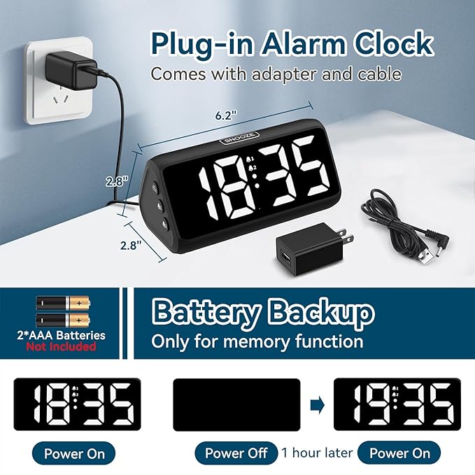 Netzu Digital Alarm Clocks for Bedrooms, Loud Alarm Clock with Dual Alarms, Bold Digits, 5 Dimmers, 4 Volumes, Snooze, Bedside Clock for Deep Sleepers Kids Teens Seniors, Plug in Clock, Easy to Set