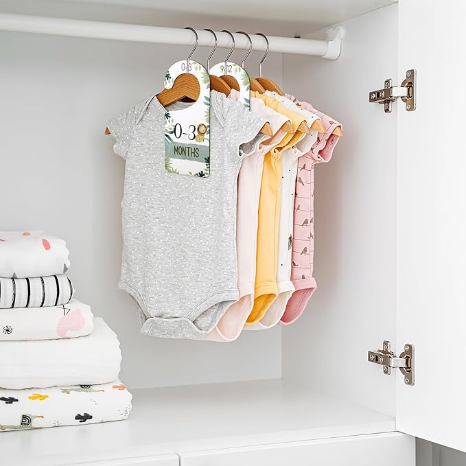 Whaline 8Pcs Baby Closet Size Dividers Watercolor Jungle Animals Hanging Wooden Baby Closet Organizer Double-Sided Newborn to 24 Months Thicken Baby Wardrobe Organizer