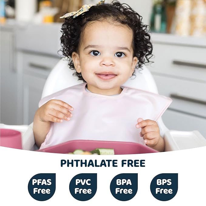 Tiny Twinkle Mess Proof Baby Bibs for Eating - Waterproof, Wipeable Bibs - Toddler Bibs - Travel Friendly - PFAS, PVC, BPA, Phthalate Free - Baby Food Bibs (3 Pack,Blush, Burgundy)